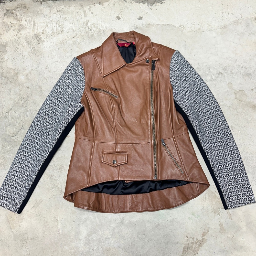 GILLI Leather Moto Jacket Brown Geometric Print Sleeve Asymmetrical Zip Size 12